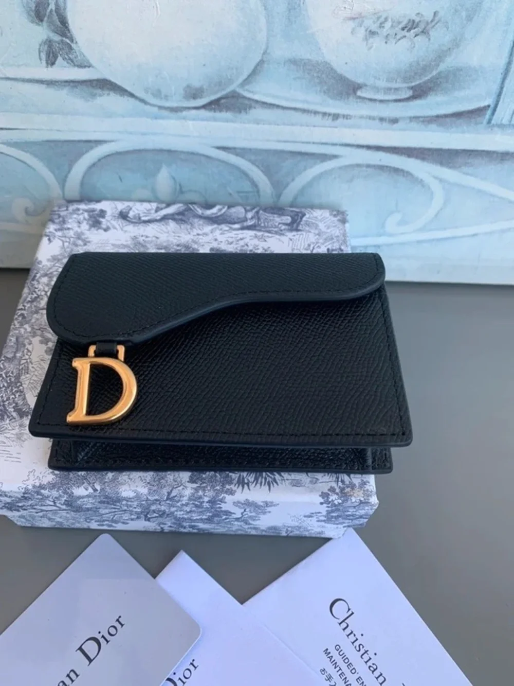 Dior Black Leather Compact Flap Wallet with Gold 'D' Charm